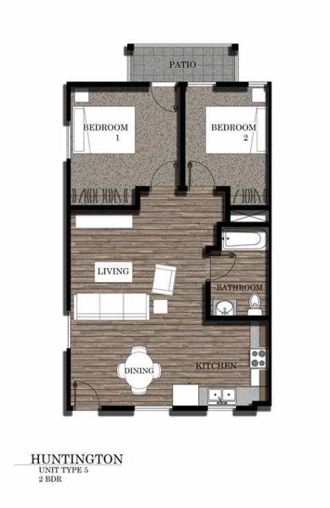 Floor plan for 2 beds, 1 bath, 770 sqft